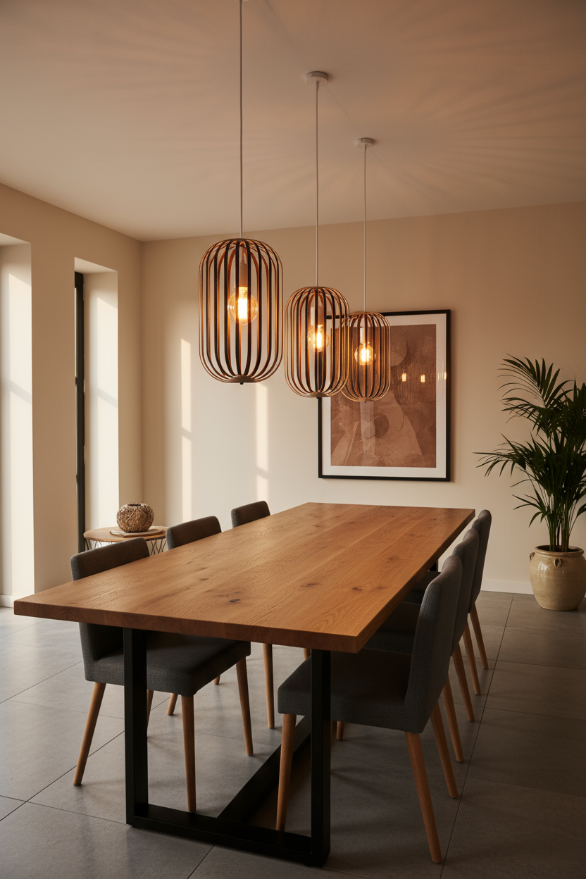 LUWALD NO.04 M Pendelleuchte aus Holz, weiß, handgefertigt, zylinderförmig, angeschaltet, Ringe, Atmosphäre, Hängelampe,  Restaurant, Esstisch, gemütlich, warm