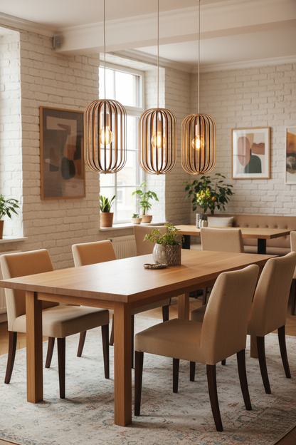 LUWALD NO.04 M Pendelleuchte aus Holz, weiß, handgefertigt, zylinderförmig, angeschaltet, Ringe, Atmosphäre, Hängelampe,  Restaurant, Esstisch, gemütlich