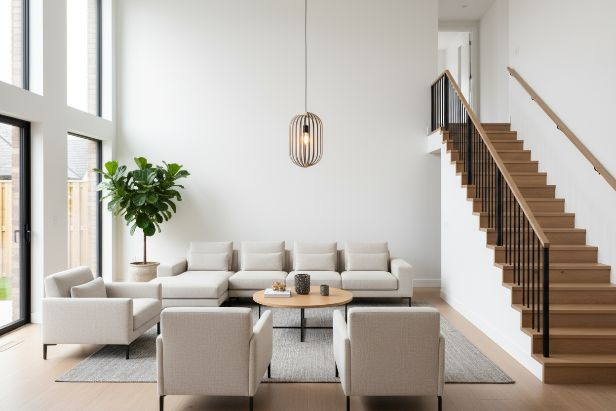 LUWALD NO.04 L Pendelleuchte aus Holz, schwarz, handgefertigt, zylinderförmig, angeschaltet, Ringe, Atmosphäre, Hängelampe, Wohnzimmer, Treppe, Couchtisch, modern